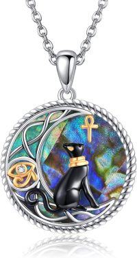 wholesale 925 Sterling Silver Egyptian Cat Pendant with Ankh and Eye of Horus Design - Black Cats s for Women & Girls-Bastet Cat with Abalone Shell