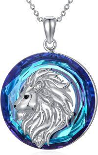 wholesale 925 Sterling Silver Blue Crystal Lion Head Pendant Necklace-Lion