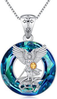 wholesale 925 Sterling Silver Blue Crystal Saint Michael Archangel Protection Pendant Necklace-St Michael