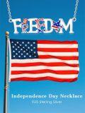 wholesale 925 Sterling Silver & Enamel 3D Freedom Text Chain Necklace with Stars & Stripes Flag Design - 30mm Pendant, 18 Chain, Gift for Women-0-3