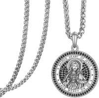 wholesale 925 Sterling Silver Sacred Heart of Jesus Pendant Necklace with Black Stones and Braided Chain - Religious  for Men & Women-A-Silver