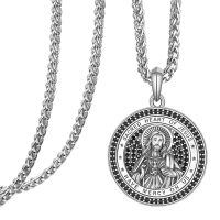 wholesale 925 Sterling Silver Sacred Heart of Jesus Pendant Necklace with Black Stones and Braided Chain - Religious  for Men & Women-A-Silver