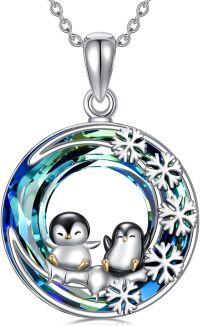 wholesale 925 Sterling Silver Crystal Circle Penguins Snowflake Pendant Necklace-Two penguins