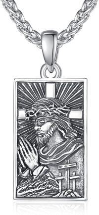 wholesale 925 Sterling Silver Rectangular Jesus Praying Cross Pendant Necklaces for Men/Women Christian Gifts-B