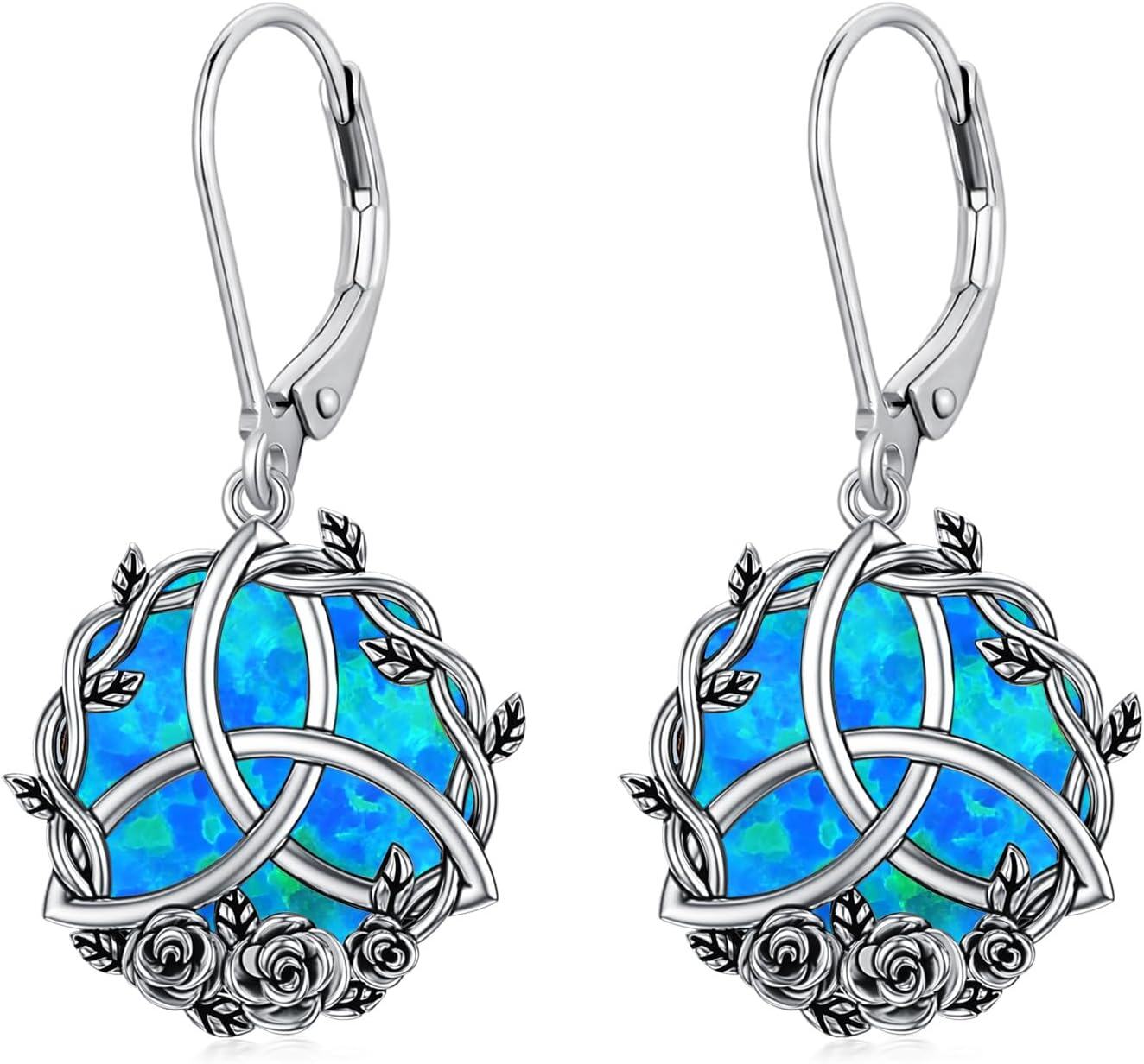 Sterling Silver Irish Celtic Earrings Claddagh Tree of Life Triquetra Trinity Knot Leverback Dangle Drop Vintage Round Lucky Jewelry Gifts for Women-Rose Flower-Blue Opal