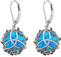 wholesale Sterling Silver Irish Celtic Earrings Claddagh Tree of Life Triquetra Trinity Knot Leverback Dangle Drop Vintage Round Lucky Jewelry Gifts for Women-Rose Flower-Blue Opal