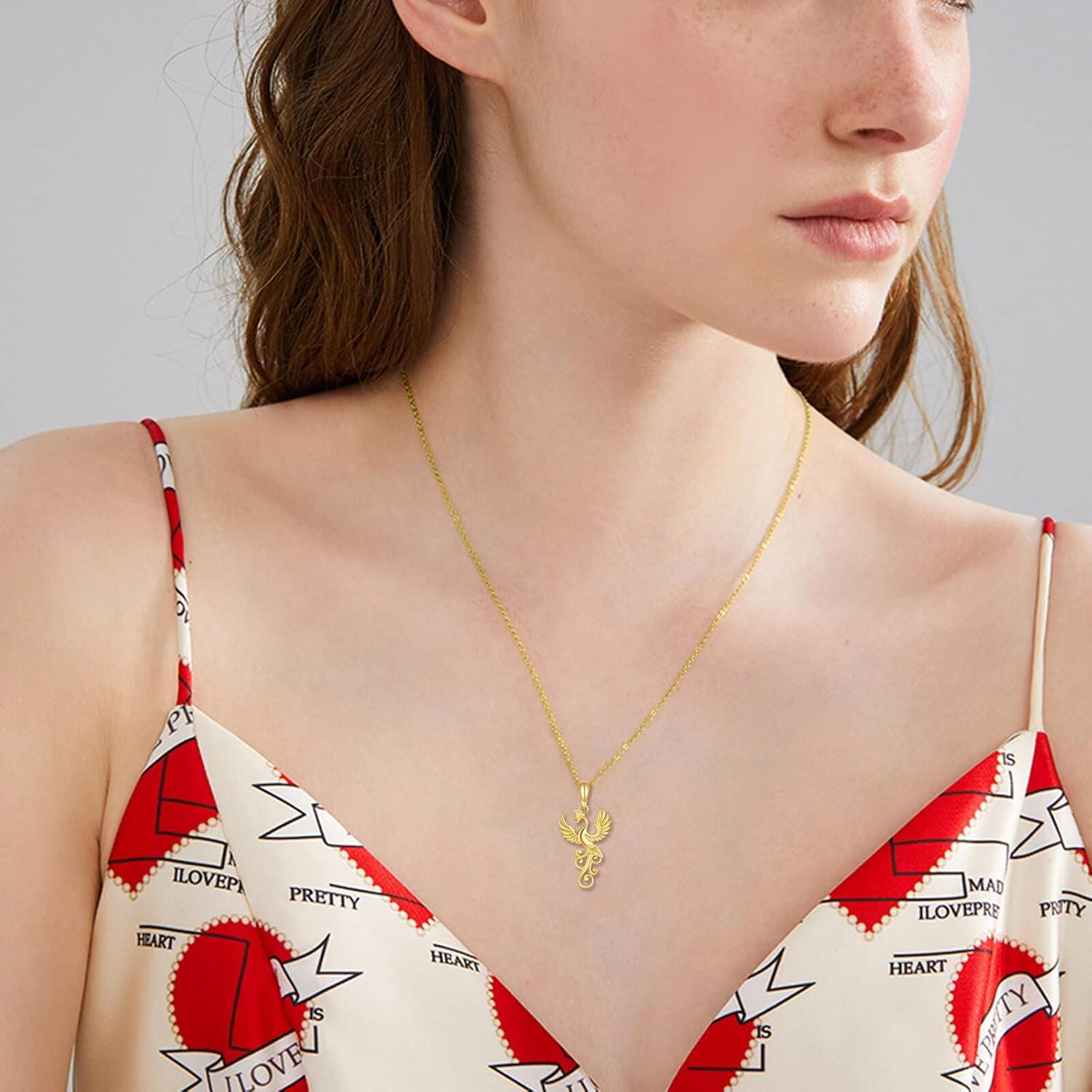 14K Yellow Gold Phoenix Pendant Necklace with Stone for Women Jewelry Gifts-0-2