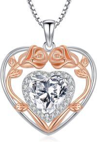 wholesale 925 Sterling Silver Birthstone Heart Rose Pendant Necklace for Her-4-Apr-Diamond