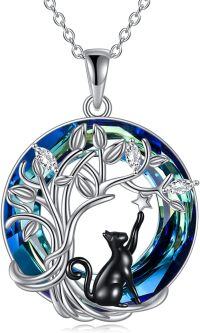 wholesale 925 Sterling Silver Tree of Life with Black Cat and Blue Crystal Pendant Necklace for Women-Black Cat Blue Tree Crystal