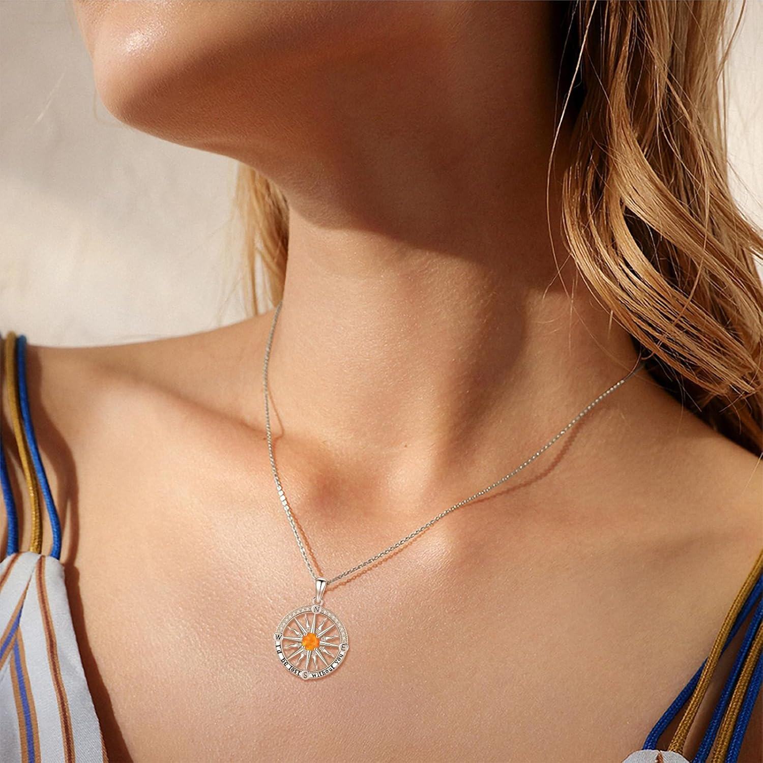 wholesale 925 Sterling Silver Orange Opal Compass Necklace I'd be lost without you Pendant Gift for Women-0-3