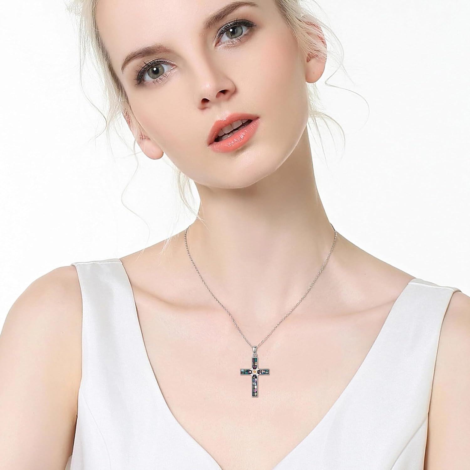 Sterling Silver Opal Cross Necklace Rose Opal Stethoscope Pendant Celtic Faith Jewelry for Women-0-2