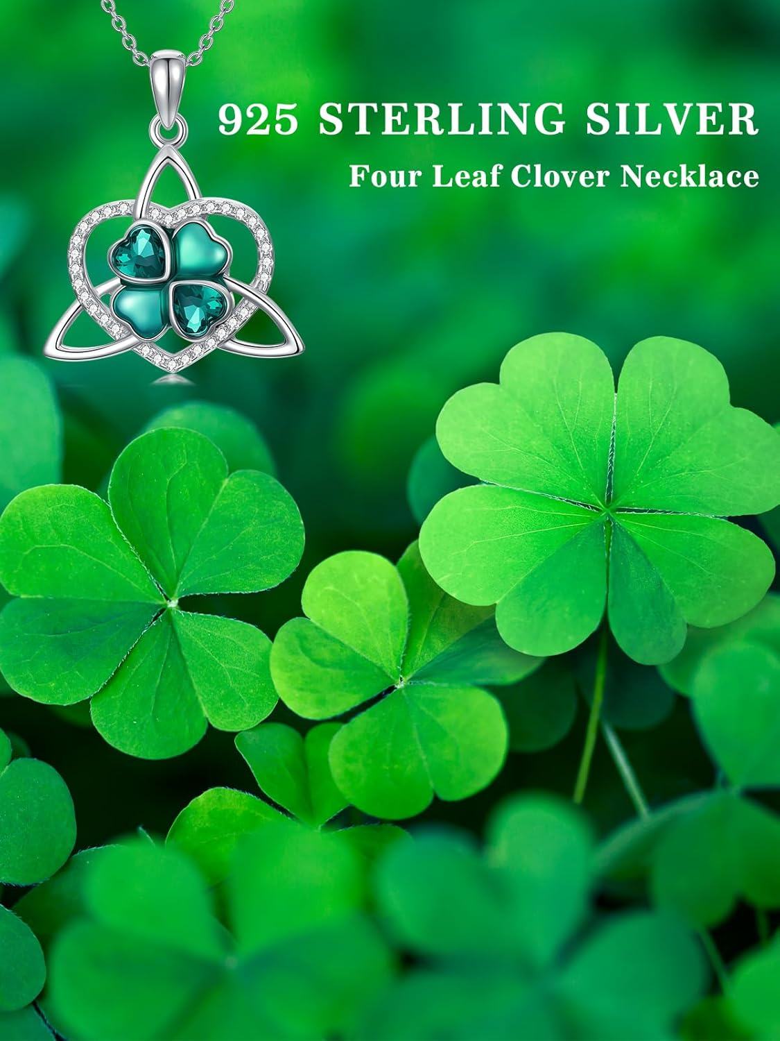 925 Sterling Silver Emerald Green Four-Leaf Clover & Celtic Tree Of Life Pendant Necklace-0-5
