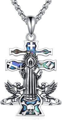 wholesale 925 Sterling Silver Angel Guardian Cross Skull Pendant Necklace for Men Women  47cm Chain Length-St. Benedict