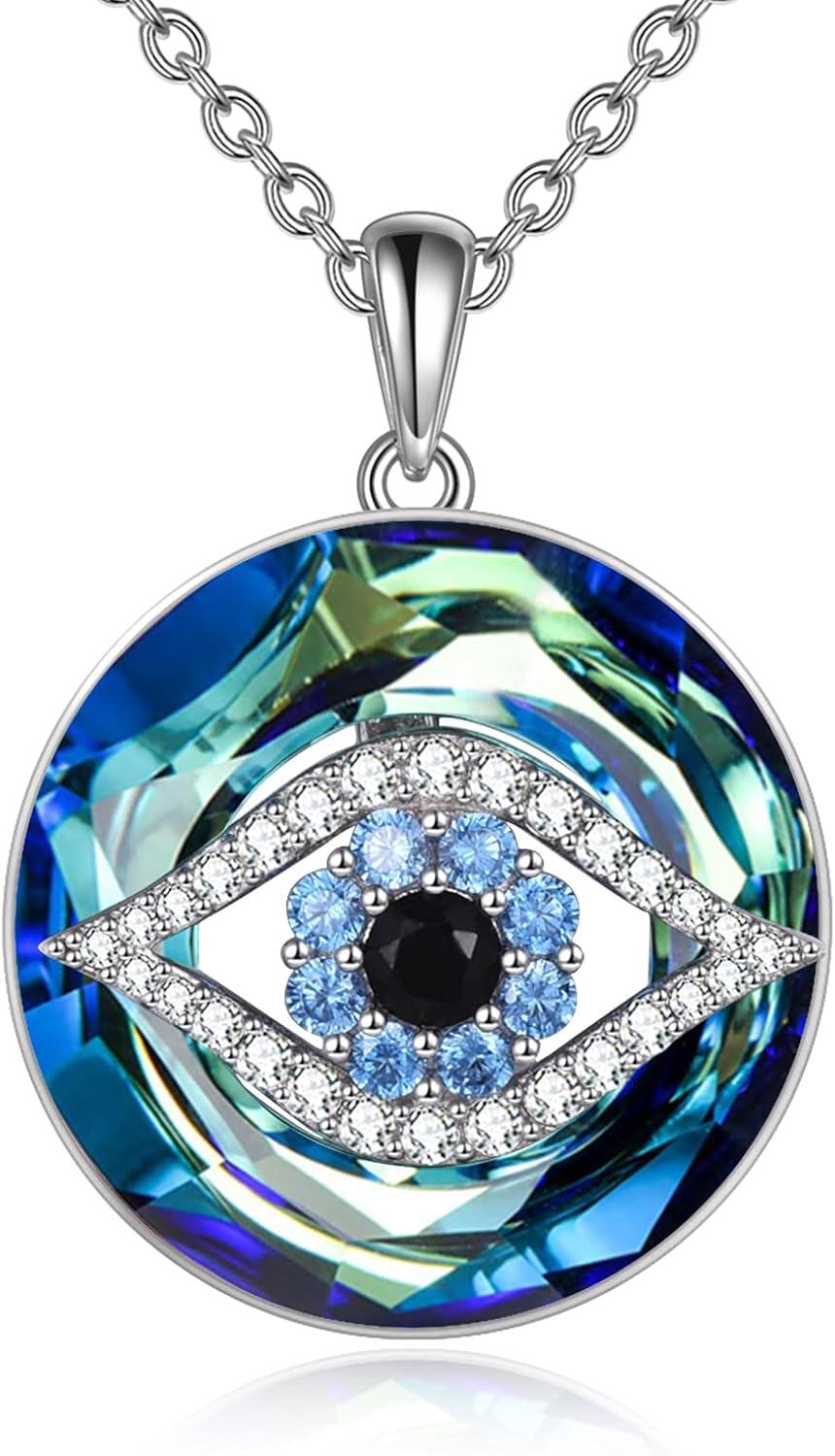 Sterling Silver Crystal Evil Eye Necklace Pendant for Women Protection Good Luck Gift-0-0