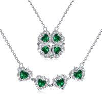wholesale 925 Sterling Silver Emerald Green CZ Four-Leaf Clover & Heart Pendant Necklaces Set for Women Girls  4PCs-Green CZ