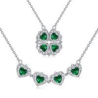 wholesale 925 Sterling Silver Four Leaf Clover Necklace With Green Hearts-Green CZ