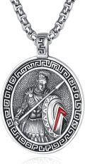 wholesale 925 Sterling Silver Ancient Warrior Amulet Pendant with Red Accents and Greek Key Design on 24+2mm Rolo Chain-0-0