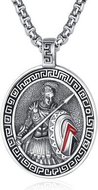 wholesale 925 Sterling Silver Ancient Warrior Amulet Pendant with Red Accents and Greek Key Design on 24+2mm Rolo Chain-Ares