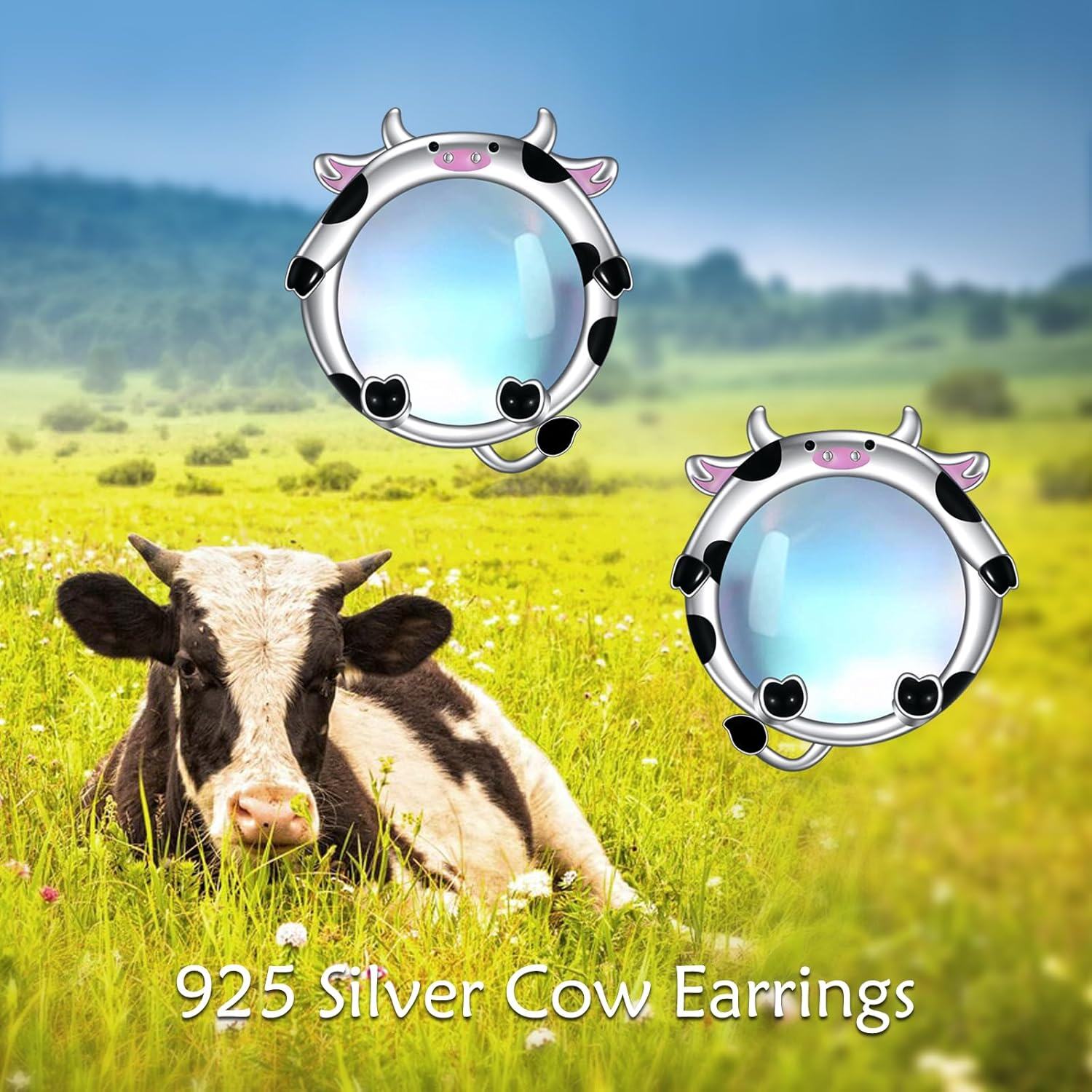Sterling Silver Moonstone Cat Panda Fox Cow Owl Stud Earrings for Women-0-6