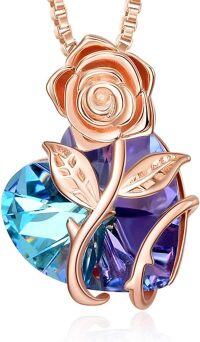 wholesale 925 Sterling Silver Blue & Purple Austrian Crystal Rose Pendant Necklaces for Women Gifts-Rose and Heart
