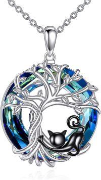 wholesale 925 Sterling Silver Tree of Life Black Cat Blue Crystal Pendant Necklace-sliver