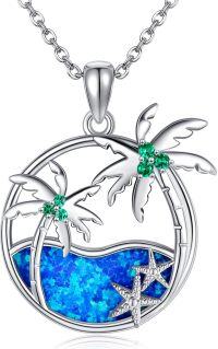 wholesale 925 Sterling Silver Palm Tree and Starfish Pendant Necklace for Women Girls Mothers Day Gift Blue Fire Opal Gemstone Beach Ocean Jewelry 43mm x 68mm-Palm Tree