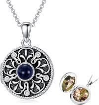 wholesale 925 Sterling Silver Round Blue Stone Floral Filigree Picture Frame Pendant Necklaces Gifts for Women-I Love You in 100 Languages