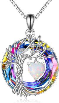 wholesale Sterling Silver Crystal Tree of Life Necklace for Women Birthstone Pendant-10-Oct-Opal