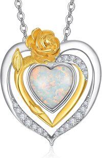 wholesale 925 Sterling Silver Opal Rose and Cubic Zirconia Heart Pendant Necklace for Women Gifts-Gold Rose