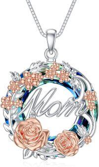 wholesale 925 Sterling Silver Mom Pendant with Rose Gold Flowers and Blue Crystal Birthstone Necklaces for Women Girls Mothers Day Gift-4 mom