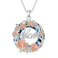 wholesale 925 Sterling Silver Mom Pendant with Rose Gold Flowers and Blue Crystal Birthstone Necklaces Wholesale for Women Girls Mothers Day Gift-0-0