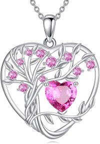 wholesale 925 Sterling Silver Birthstone Tree of Life Heart Pendant Necklace for Women-J October Dark Pink