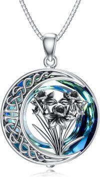 wholesale TOUPOP Oxidization Birth Flower Necklace Daffodil Necklaces For Women Daffodil Jewelry Dainty Moon Flower Jewelry S925 Sterling Silver With Blue Crystal Birthday Gifts For Women -undefined