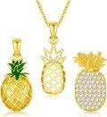 wholesale Gold 925 Sterling Silver Pineapple Pendant Necklaces (Set of 3) with Cubic Zirconia and Enamel Accents-0-0