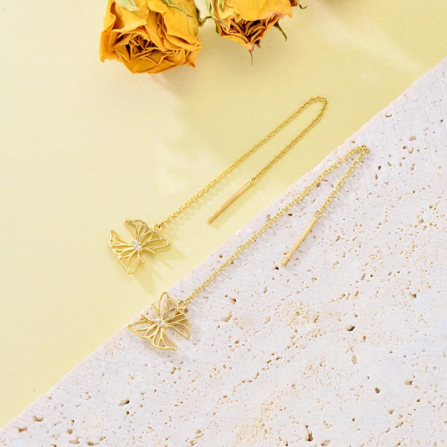 14K Gold Threader Earrings for Women Minimalist Butterfly Chain Pull Through Earrings-0-4