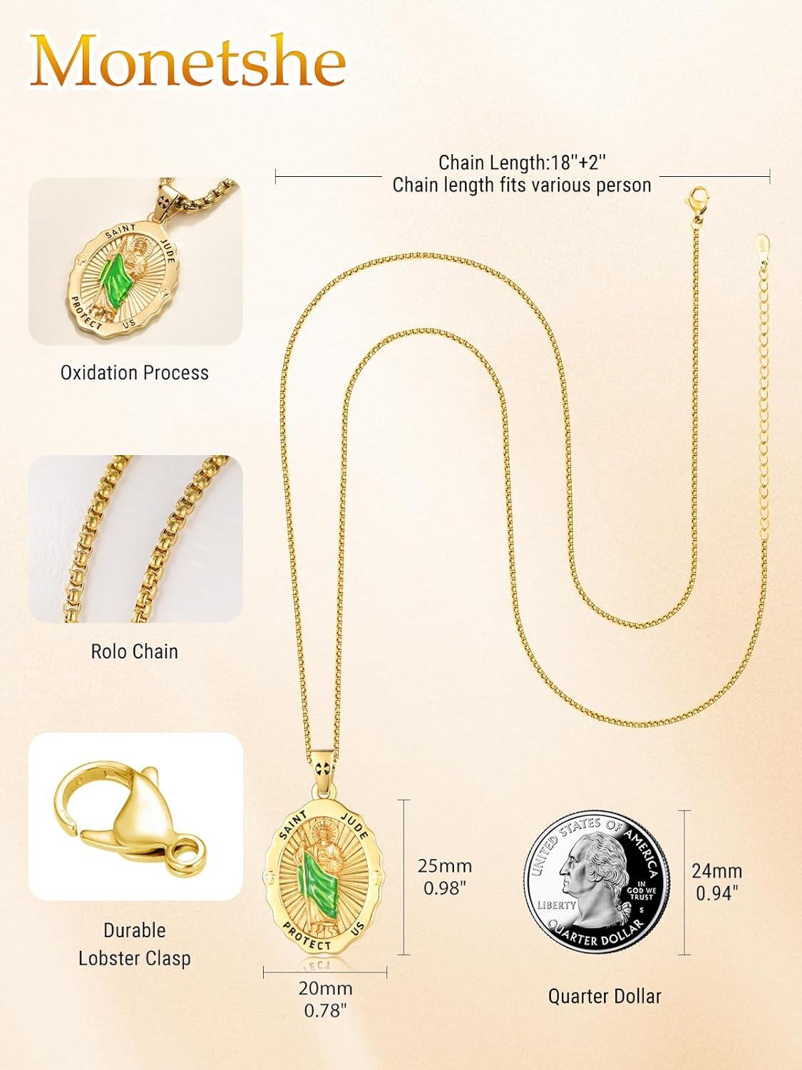 Stainless Steel Gold Plated Saint Jude Pendant Necklace for Women with Green Enamel and Crosses-0-2