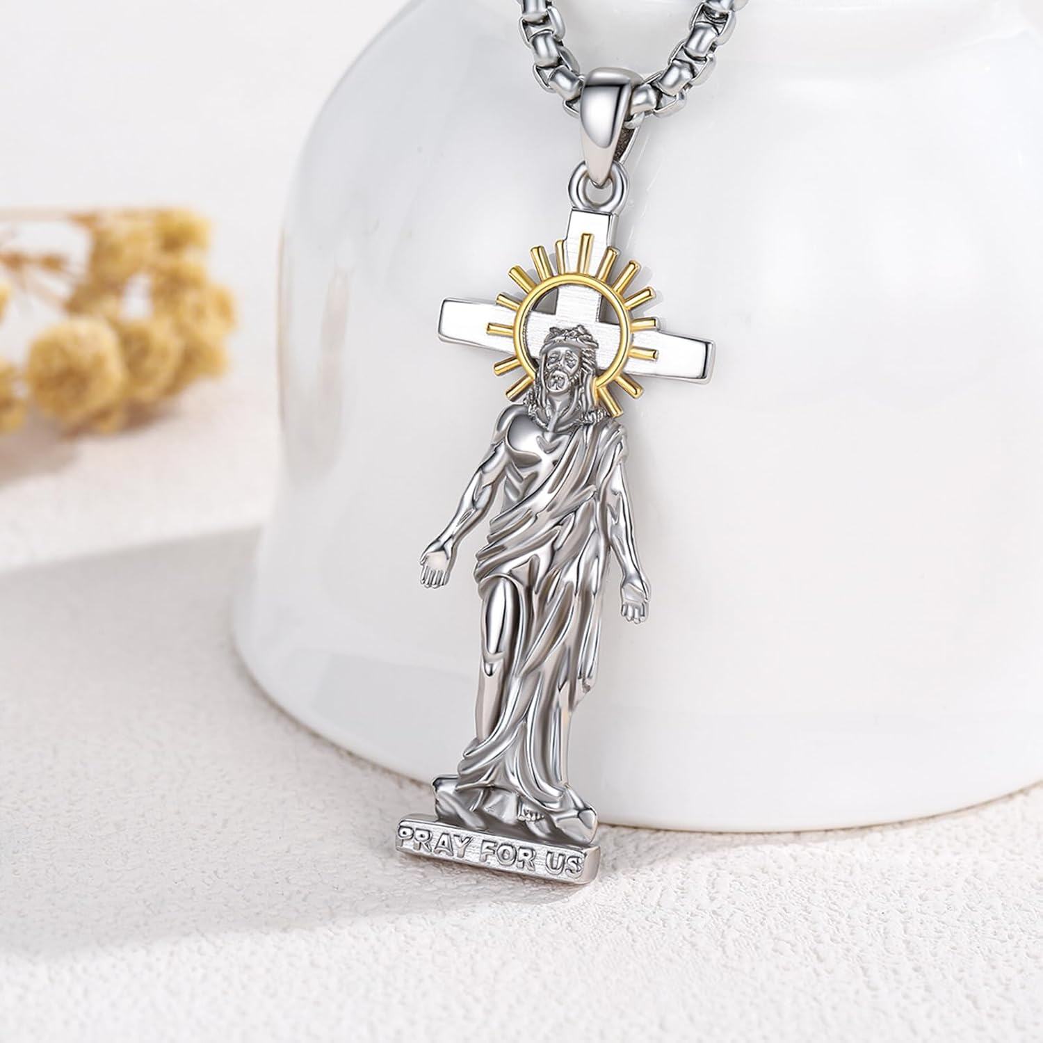 925 Sterling Silver Jesus Christ Cross Pendant with Halo and Stone Protection Necklace for Men & Women-0-1
