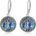 wholesale 925 Sterling Silver Abalone Shell Tree of Life Drop Earrings with Volcanic Stone and Celtic Design-0-0