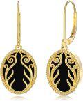 wholesale 925 Sterling Silver Gold Plated Black Onyx Vine Design Leverback Drop Earrings-0-0