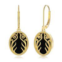 wholesale 925 Sterling Silver Gold Plated Black Onyx Vine Design Leverback Drop Earrings-Black Onyx Filigree