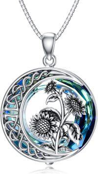 wholesale TOUPOP Oxidization Birth Flower Necklace Sunflower Necklaces For Women Sunflower Jewelry Dainty Moon Flower Jewelry S925 Sterling Silver With Blue Crystal Birthday Gifts For Women -undefined
