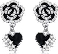 wholesale  925 Sterling Silver Cubic Zirconia Black Rose & Heart Stud Earrings for Women, Valentine's Gift-Rose