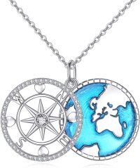 wholesale 925 Sterling Silver World Map & Compass Pendant Necklace for Men/Women - Viking Wiccan -Compass A