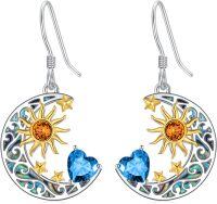 wholesale 925 Sterling Silver Heart Birthstone Sun Moon Dangle Drop Earrings for Women Mom-Blue Topaz Dec.