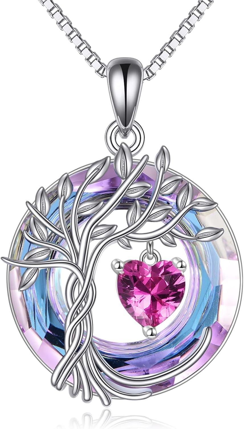 Sterling Silver Crystal Tree of Life Necklace for Women-10-Oct-Pink Tourmaline