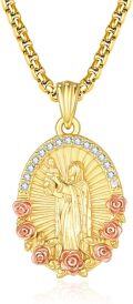 wholesale Gold 925 Sterling Silver Virgin Mary & Child Necklace w/ Rose Accents and Cubic Zirconia Stones on 24 Box Chain-0-0