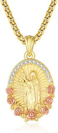 wholesale Gold 925 Sterling Silver Virgin Mary & Child Necklace w/ Rose Accents and Cubic Zirconia Stones on 24 Box Chain-St-Guadalupe-2
