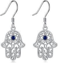 wholesale 925 Sterling Silver Hamsa Hand Drop Earrings with Blue Sapphire Evil Eye Protection s for Women-Hasam Hand