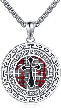 wholesale 925 Sterling Silver Round Gothic Cross Pendant Necklace with Red Accents and Engraved Text for Men-viking cross necklace