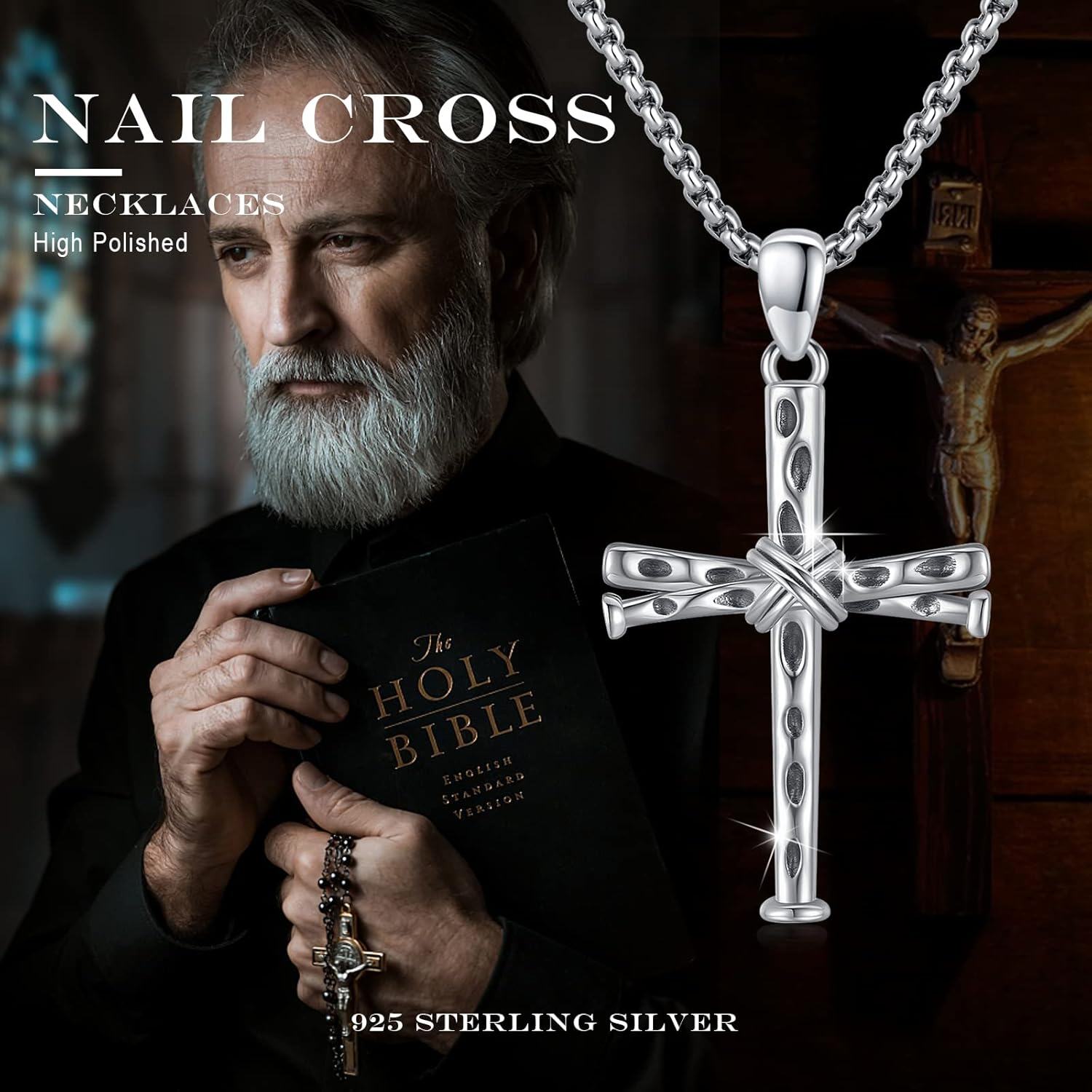 Sterling Silver Stainless Steel Men s Baseball Nail Cross Pendant Necklace 24 -0-5